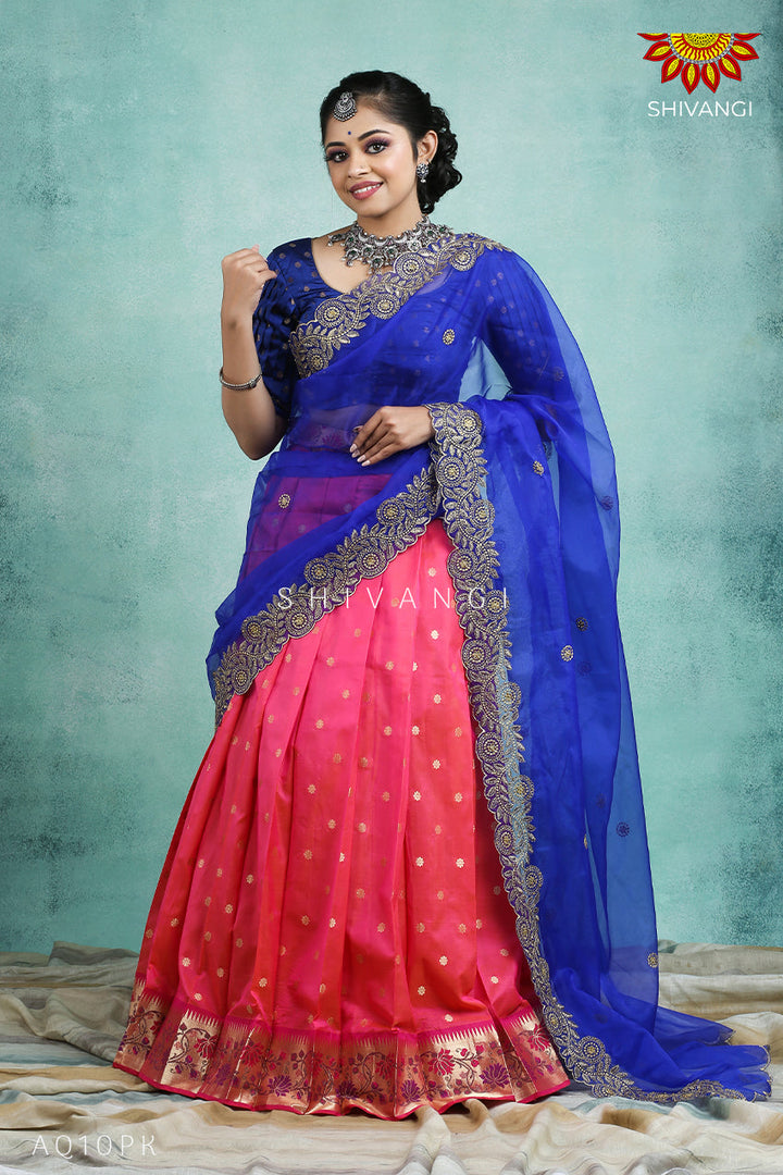 Girls Pink Silk Paithani Half Saree | Langa Davani