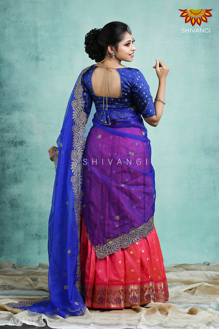 Girls Pink Silk Paithani Half Saree | Langa Davani