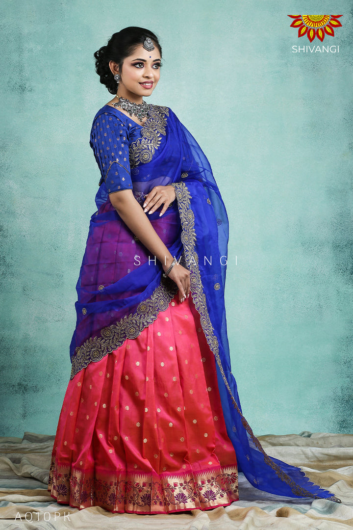 Girls Pink Silk Paithani Half Saree | Langa Davani