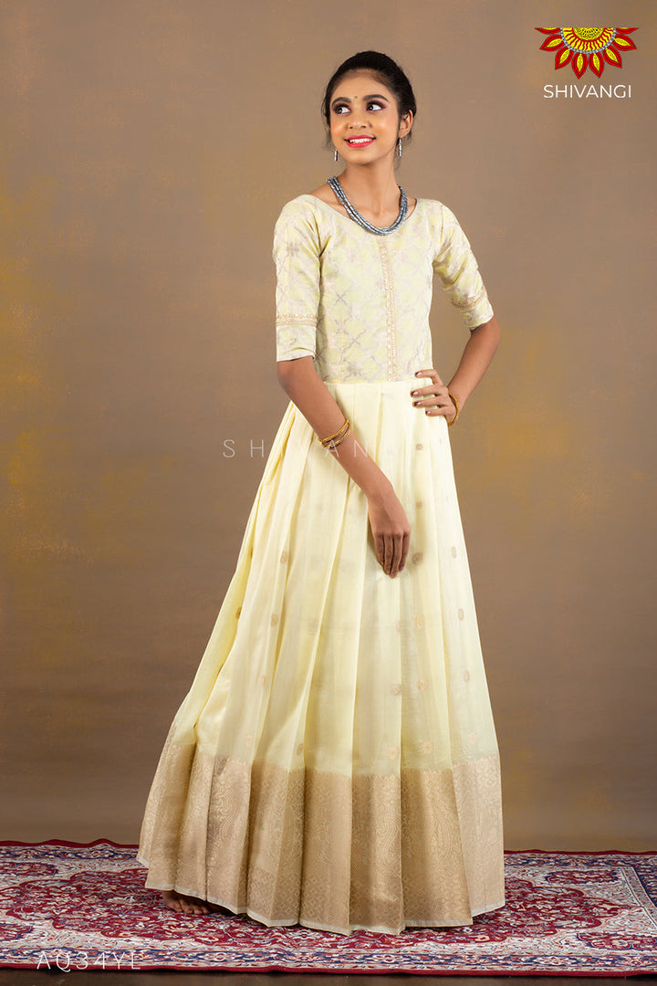 Girls Yellow Pastel Gold Bhutta Long Gown