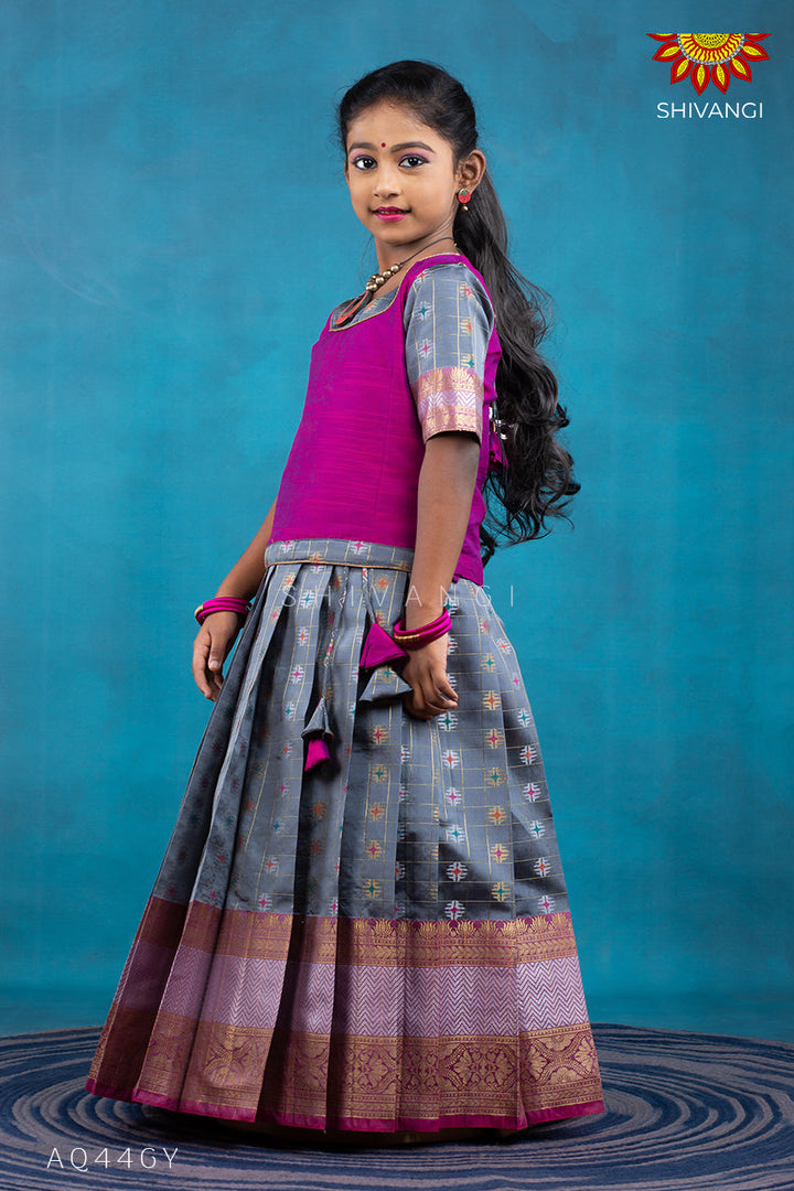 Girls Grey checks golden lotus Pattu Pavadai