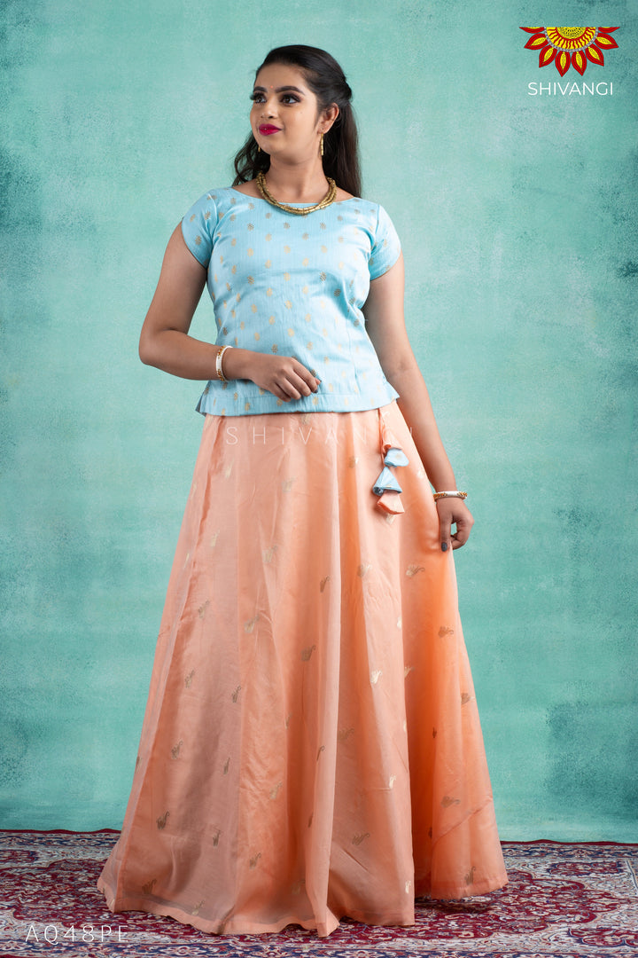 Girls Peach Chanderi Tulip Pattu Pavadai