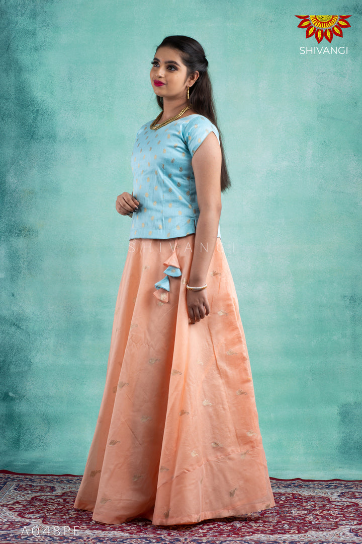 Girls Peach Chanderi Tulip Pattu Pavadai