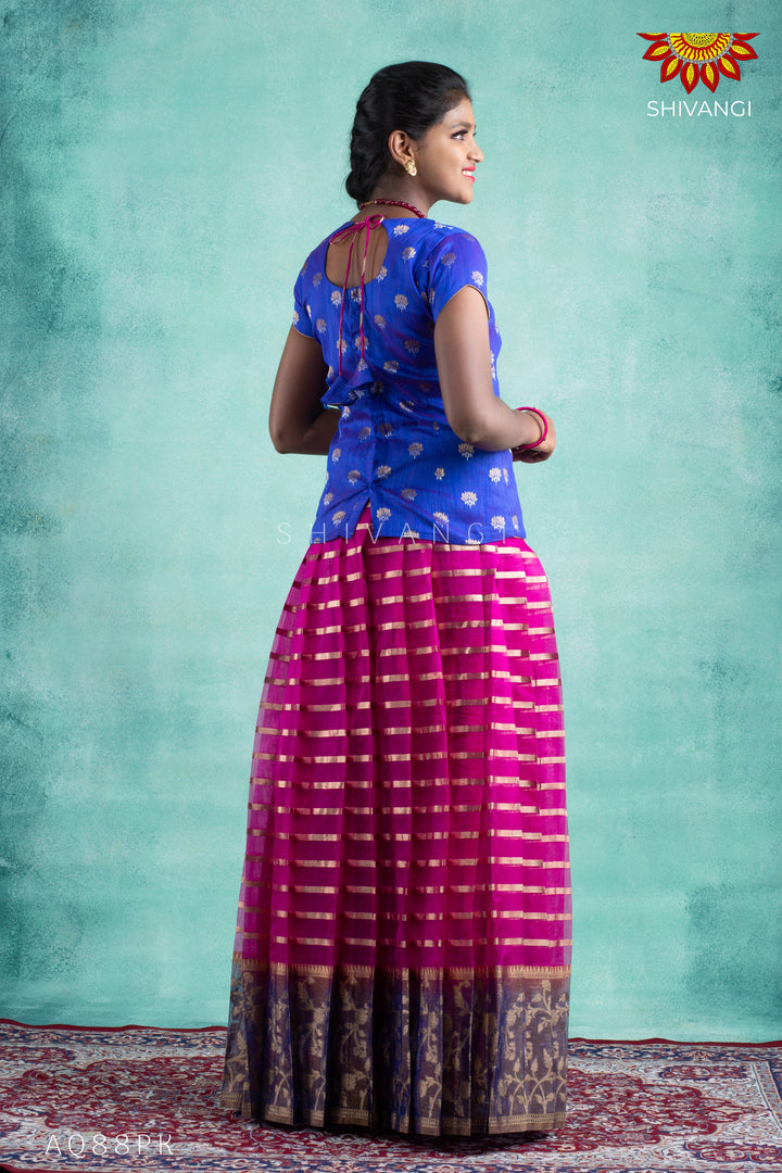 Girls Pink Blue Meadow Pattu Pavadai