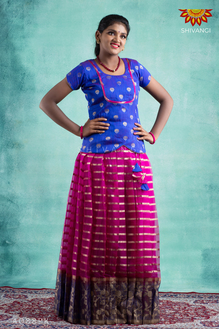Girls Pink Blue Meadow Pattu Pavadai
