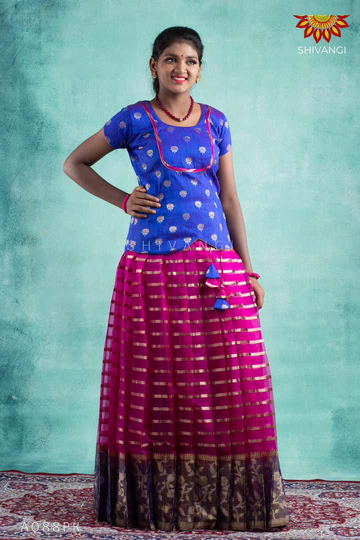 Girls Pink Blue Meadow Pattu Pavadai