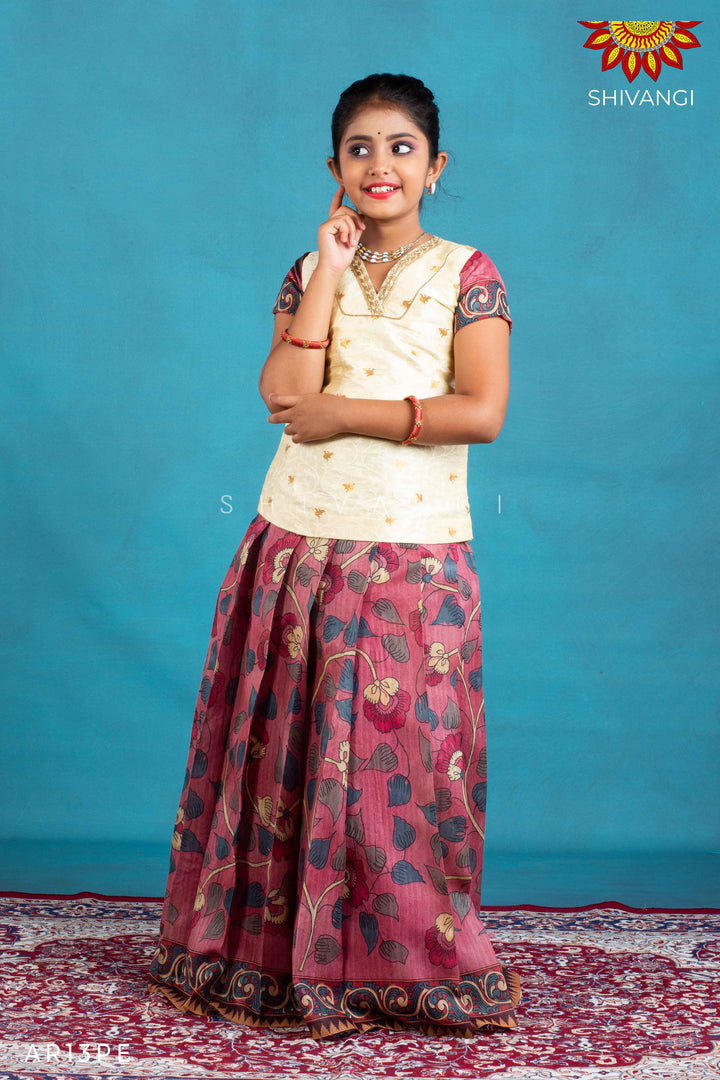 Girls Peach Kalamkari Jute Pattu Pavadai