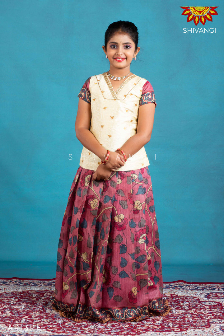 Girls Peach Kalamkari Jute Pattu Pavadai