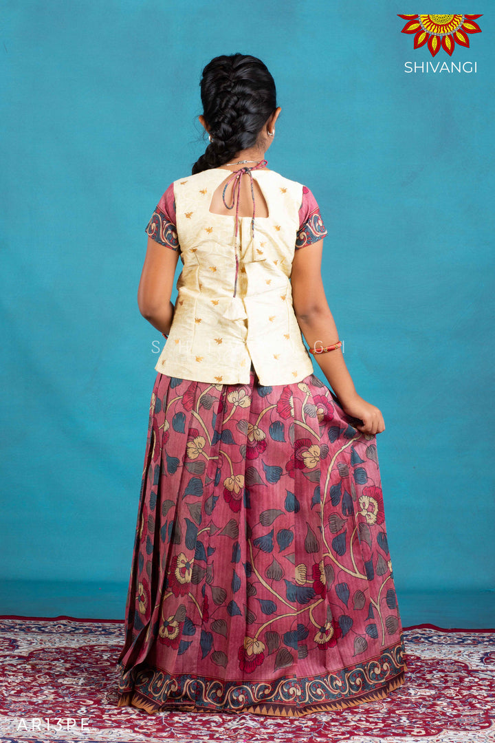 Girls Peach Kalamkari Jute Pattu Pavadai