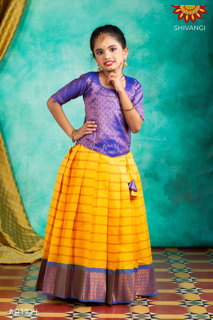 Girls Yellow Copper Strips Pattu Pavadai