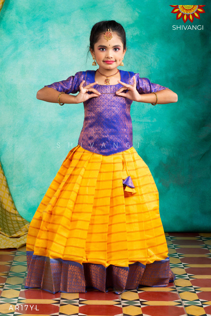Girls Yellow Copper Strips Pattu Pavadai