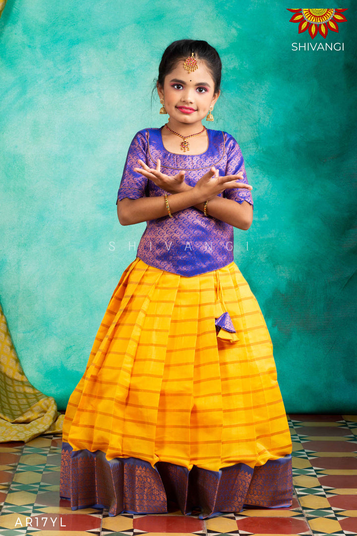 Girls Yellow Copper Strips Pattu Pavadai