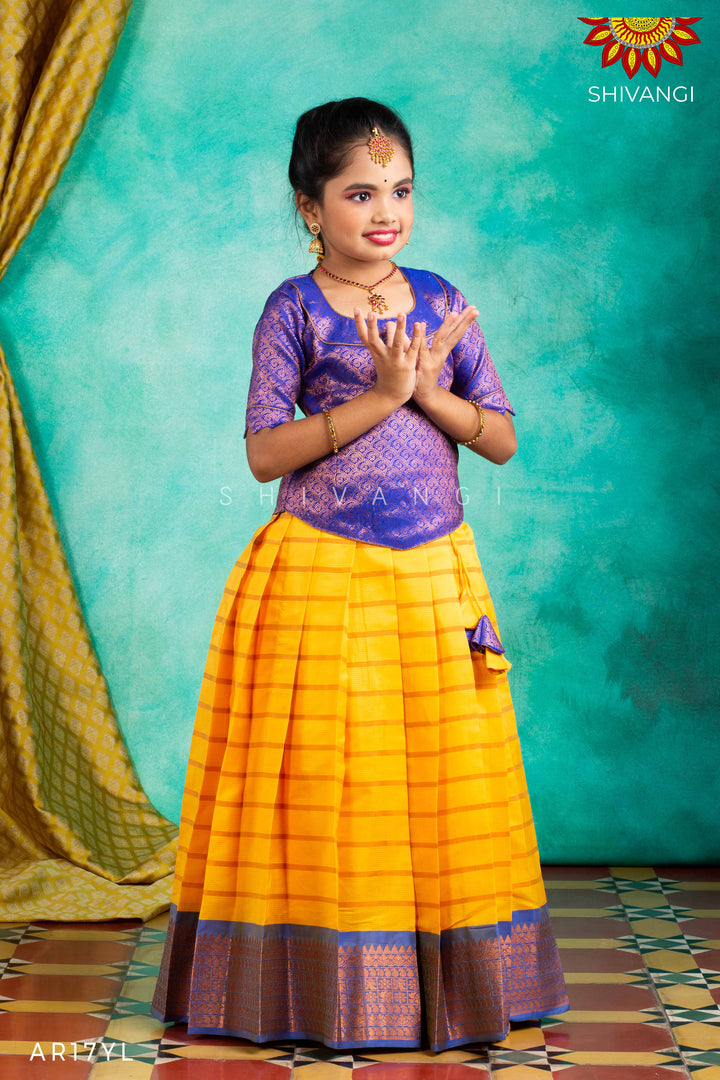 Girls Yellow Copper Strips Pattu Pavadai