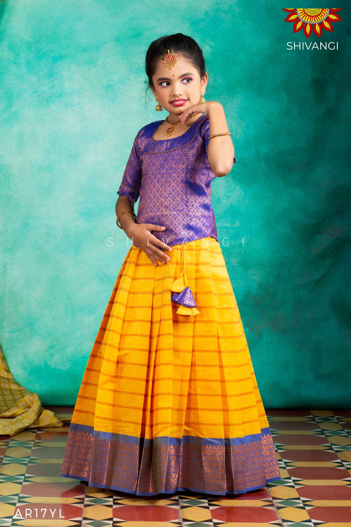 Girls Yellow Copper Strips Pattu Pavadai