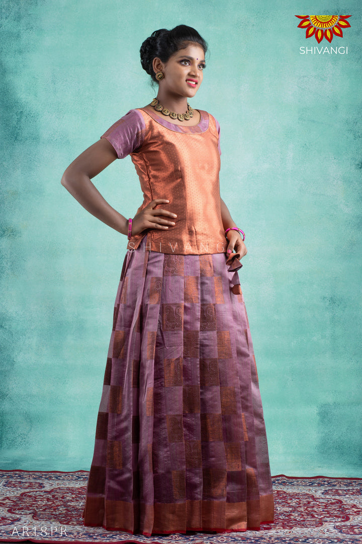 Girls Pink Copper Peacock Pattu Pavadai