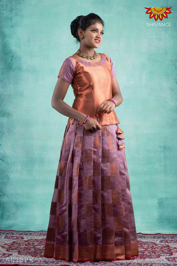 Girls Pink Copper Peacock Pattu Pavadai