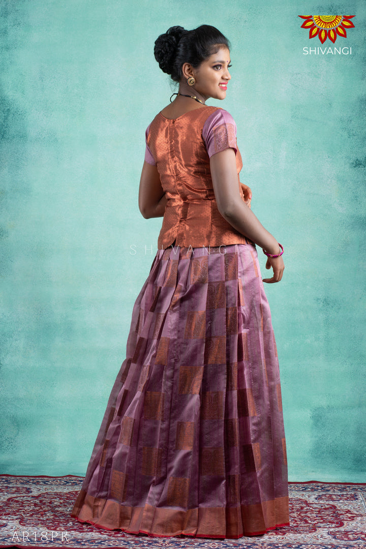Girls Pink Copper Peacock Pattu Pavadai
