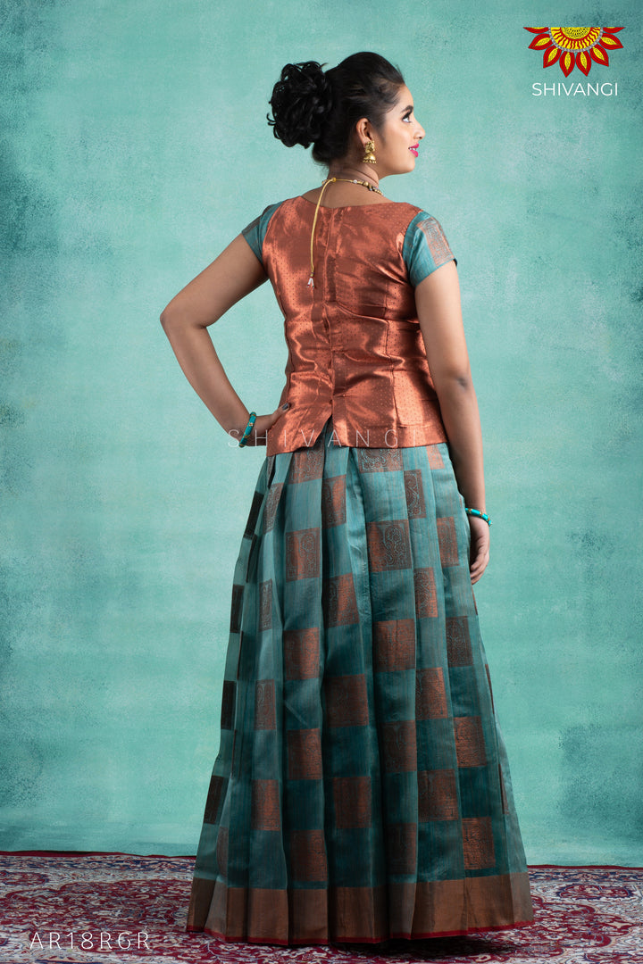 Girls Ramar Green Copper Peacock Pattu Pavadai