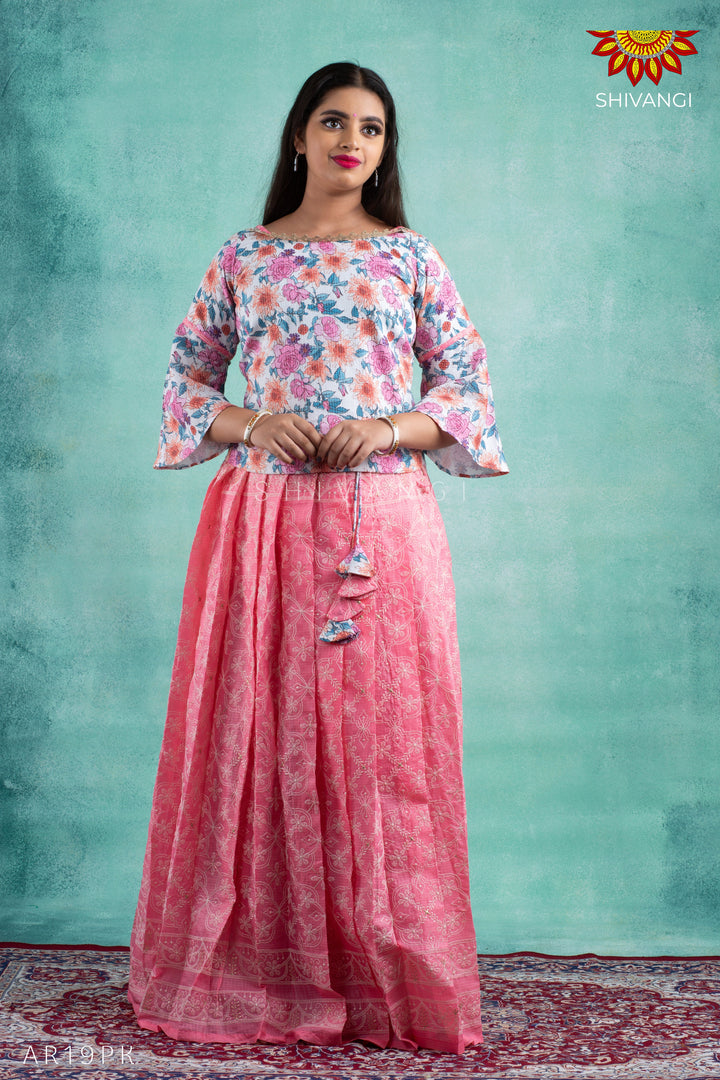 Girls Pink Kota Zentangle Pattu Pavadai