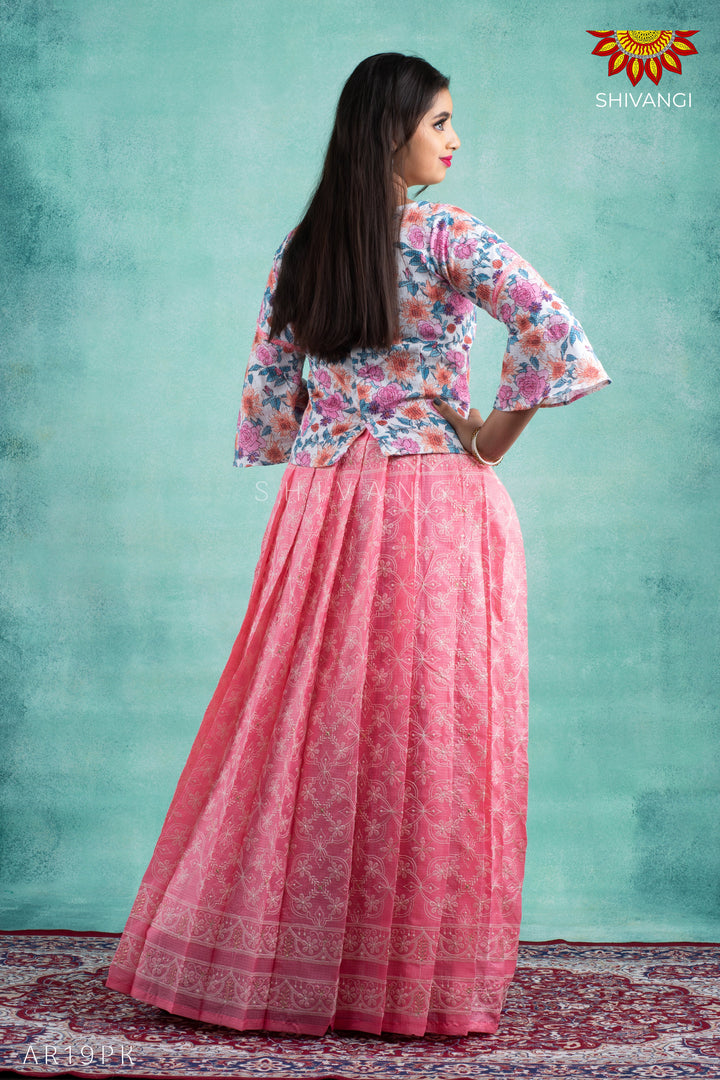 Girls Pink Kota Zentangle Pattu Pavadai