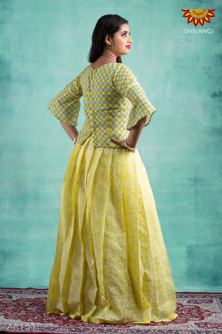 Girls Yellow Kota Zentangle Pattu Pavadai