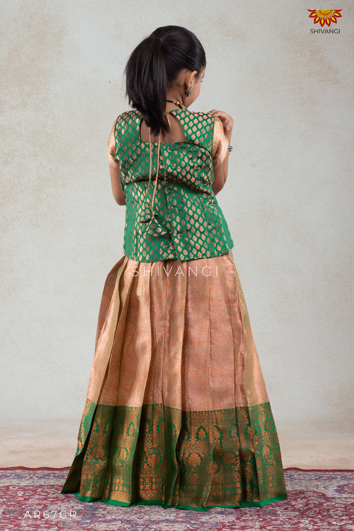 Girls Green Golden Croton Pattu Pavadai | Langa
