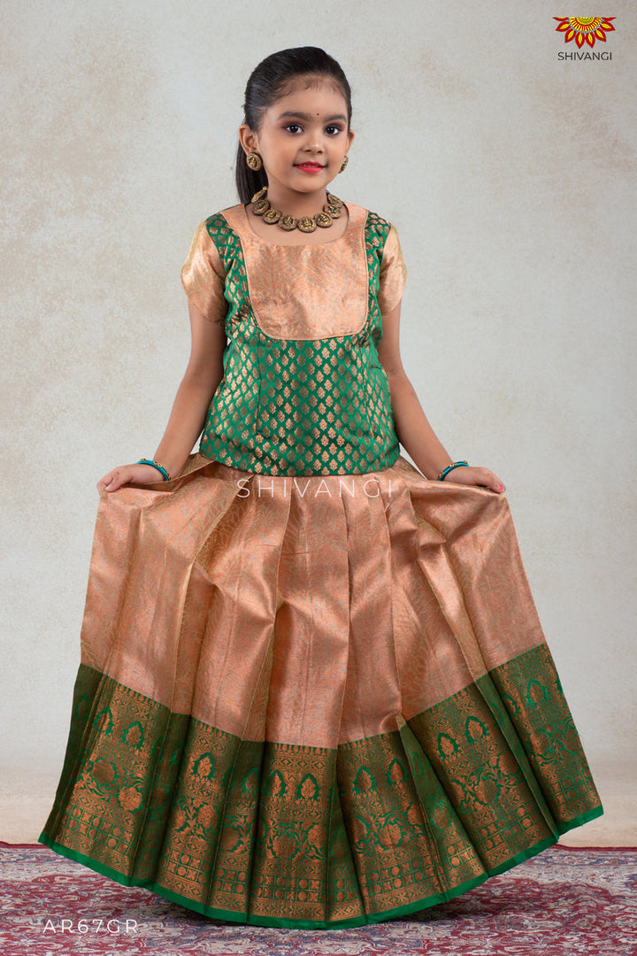 Girls Green Golden Croton Pattu Pavadai | Langa
