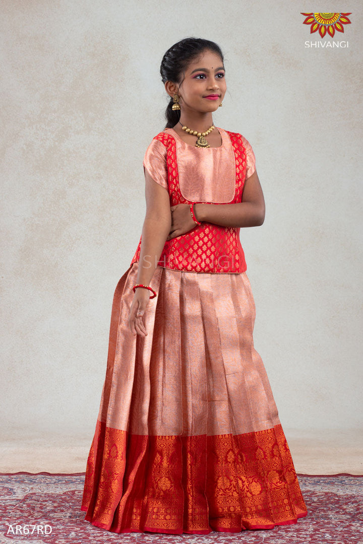 Girls Red Golden Croton Pattu Pavadai | Langa