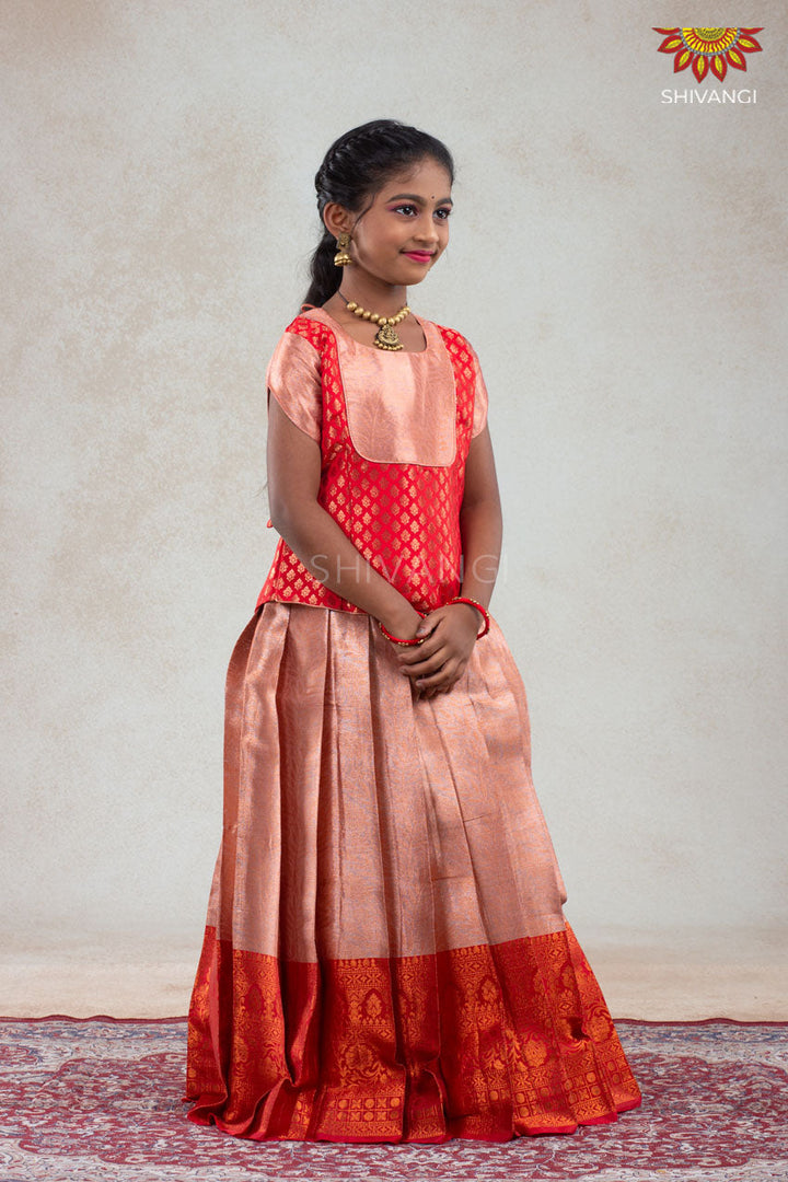 Girls Red Golden Croton Pattu Pavadai | Langa