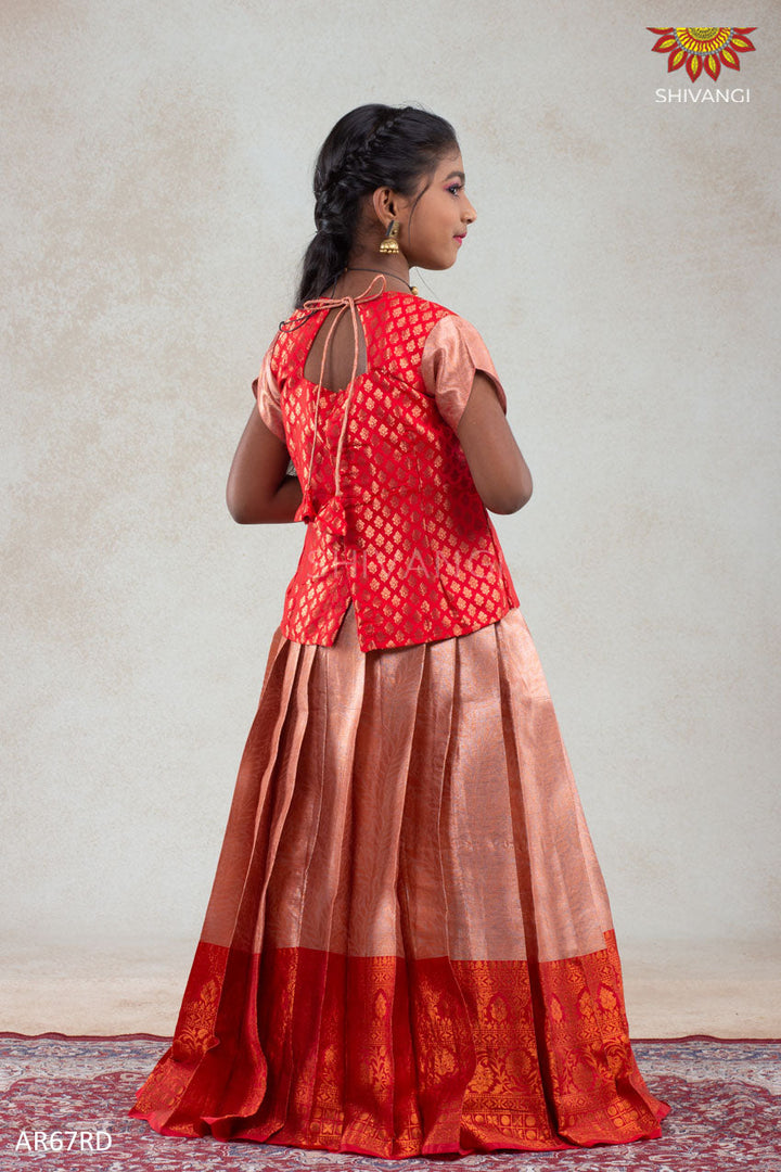 Girls Red Golden Croton Pattu Pavadai | Langa