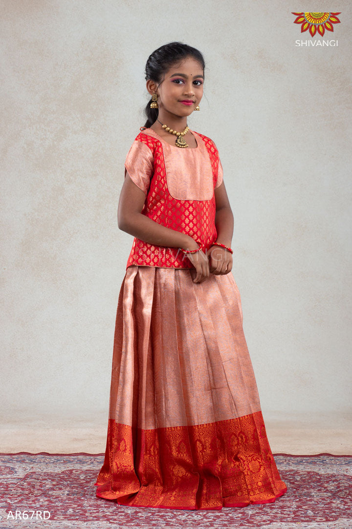 Girls Red Golden Croton Pattu Pavadai | Langa