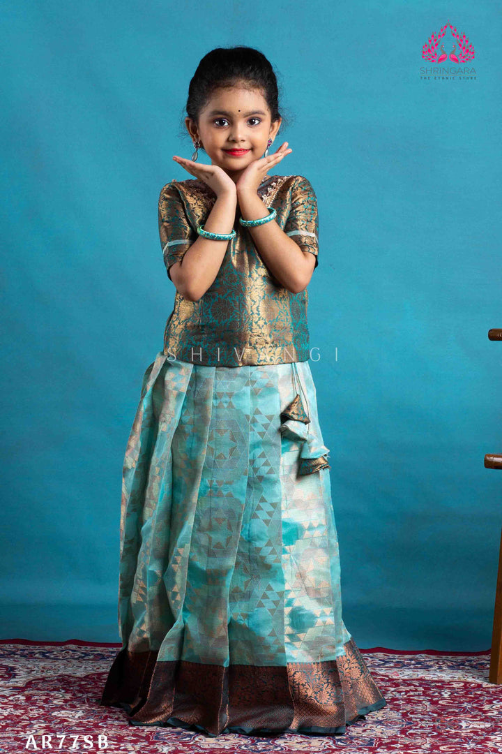 Girls Sky Blue Copper Yentra Pattu Pavadai | Langa