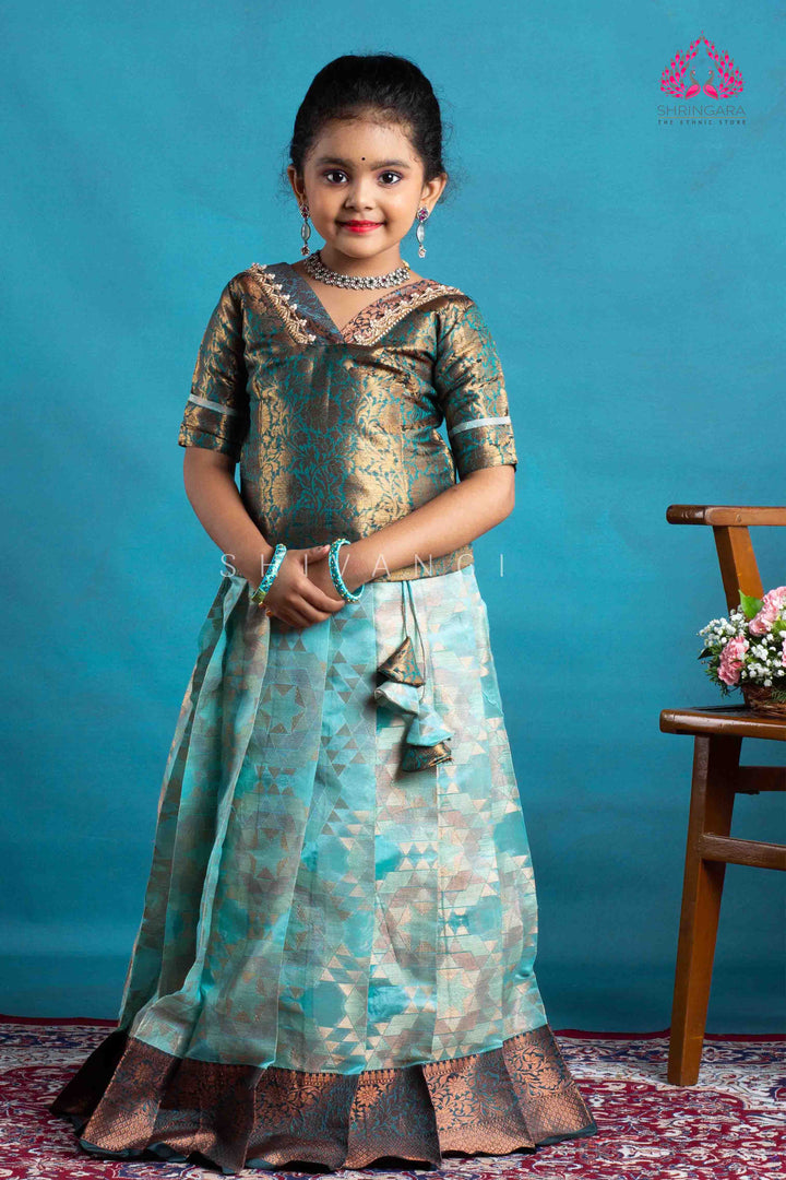 Girls Sky Blue Copper Yentra Pattu Pavadai | Langa