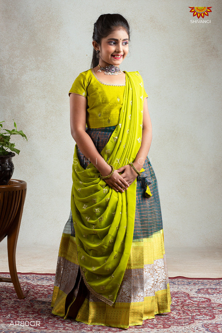 Girls Green Flouresent Checks Lehenga Choli