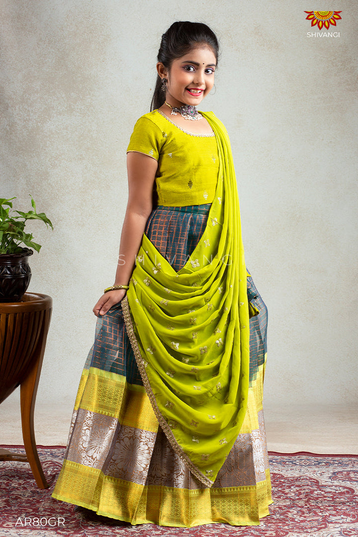 Girls Green Flouresent Checks Lehenga Choli