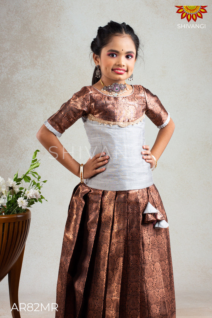 Girls Maroon Champangi Pattu Pavadai | Langa