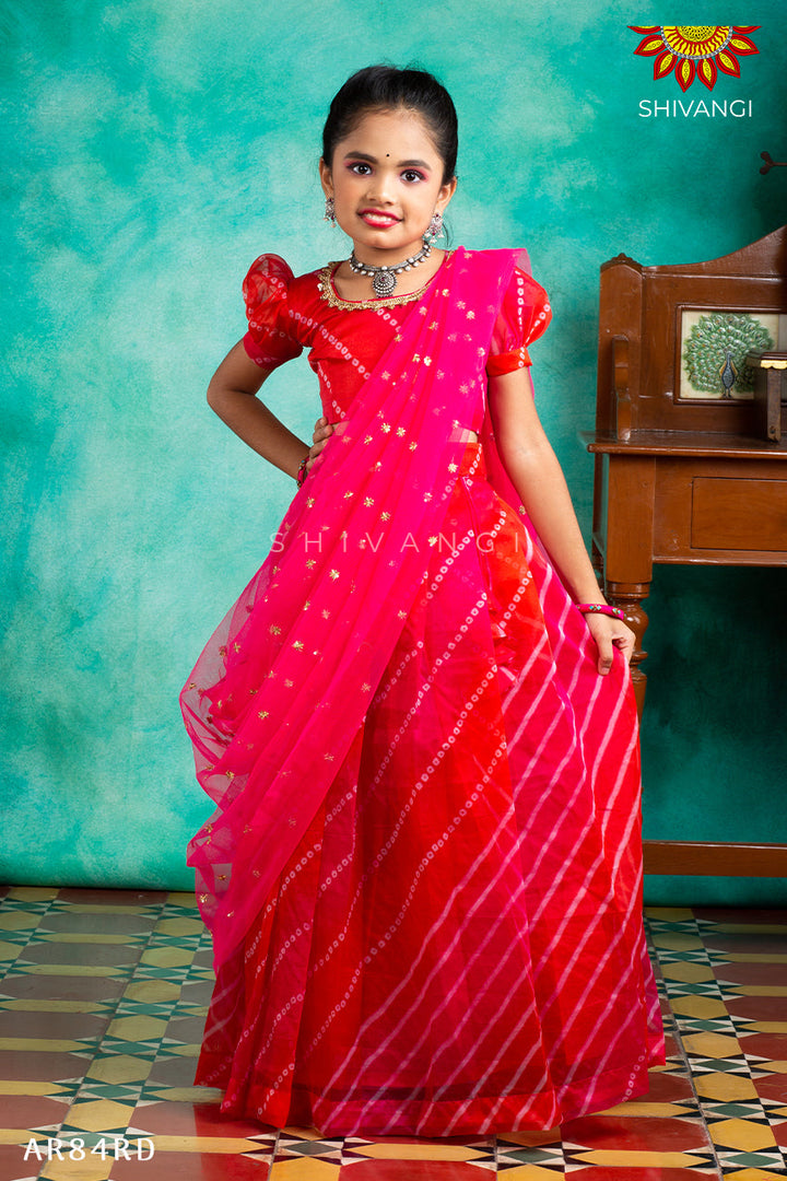 Girls Red Organza Leheriya Lehenga Choli