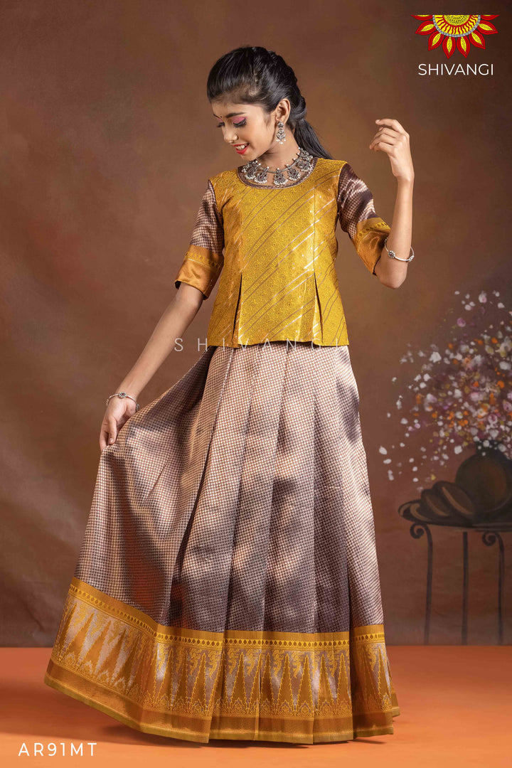 Girls Mustard Silver Fire Pattu Pavadai | Langa