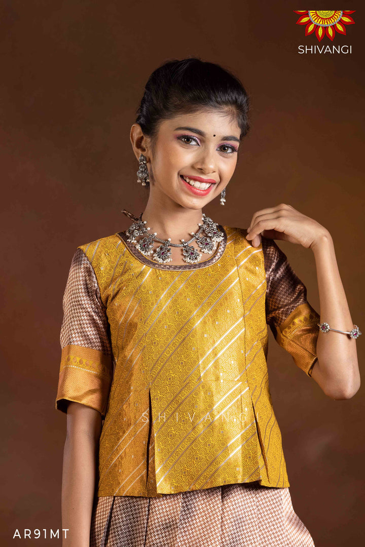Girls Mustard Silver Fire Pattu Pavadai | Langa