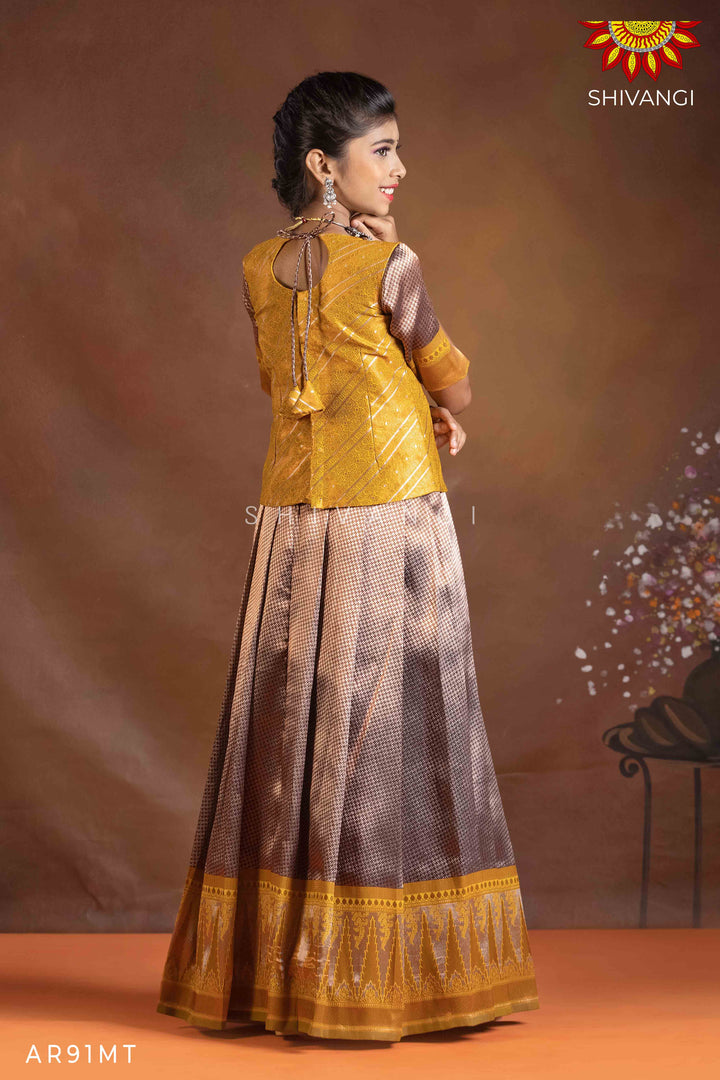 Girls Mustard Silver Fire Pattu Pavadai | Langa