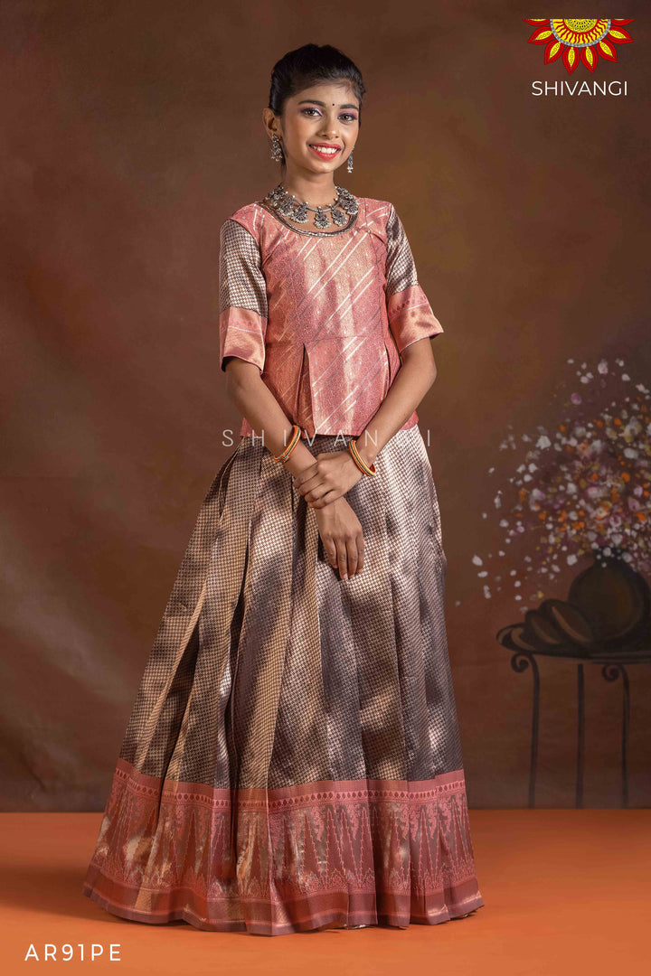 Girls Peach Silver Fire Pattu Pavadai | Langa