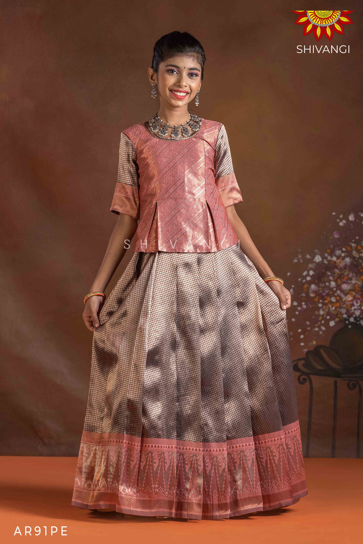 Girls Peach Silver Fire Pattu Pavadai | Langa