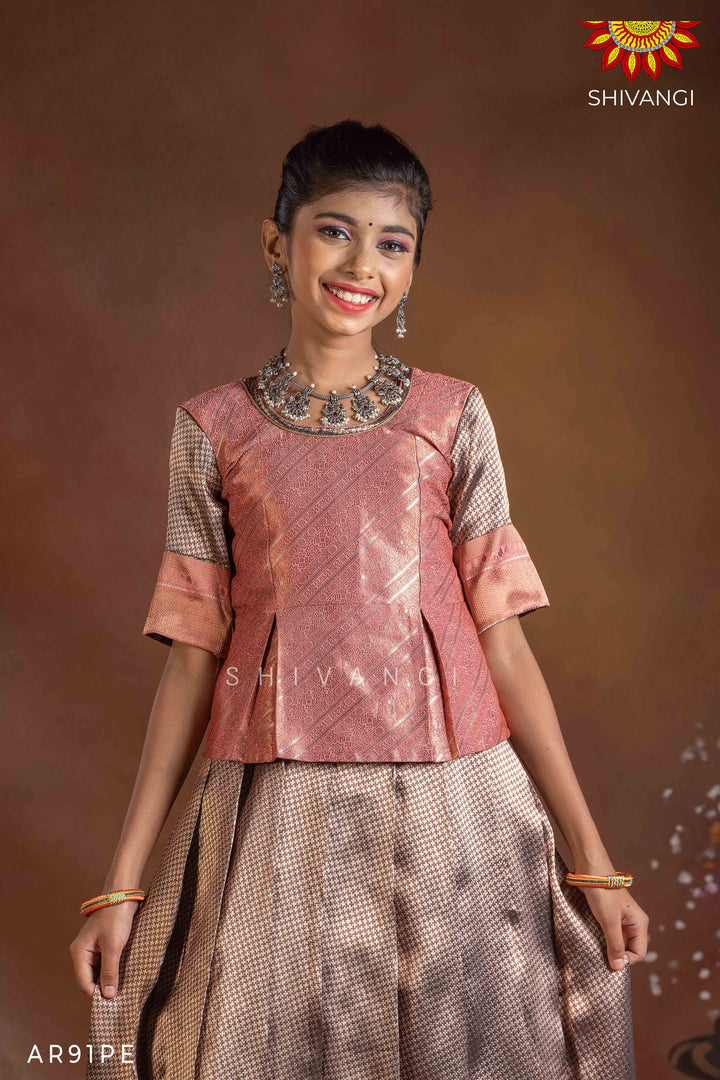 Girls Peach Silver Fire Pattu Pavadai | Langa
