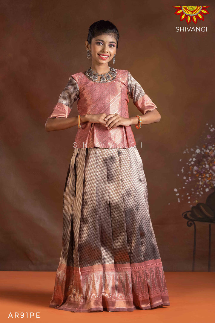 Girls Peach Silver Fire Pattu Pavadai | Langa