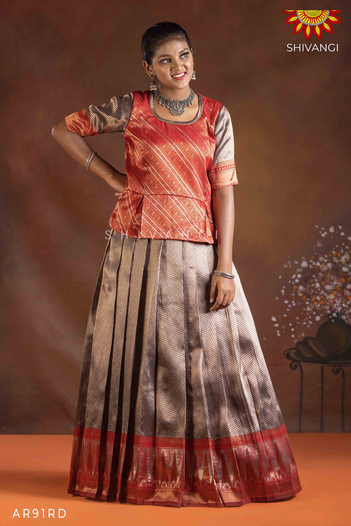 Girls Red Silver Fire Pattu Pavadai | Langa