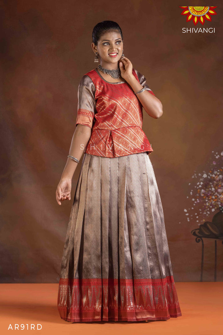 Girls Red Silver Fire Pattu Pavadai | Langa