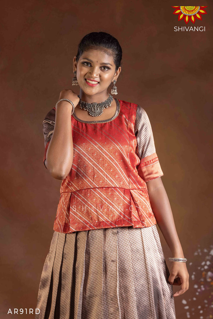 Girls Red Silver Fire Pattu Pavadai | Langa