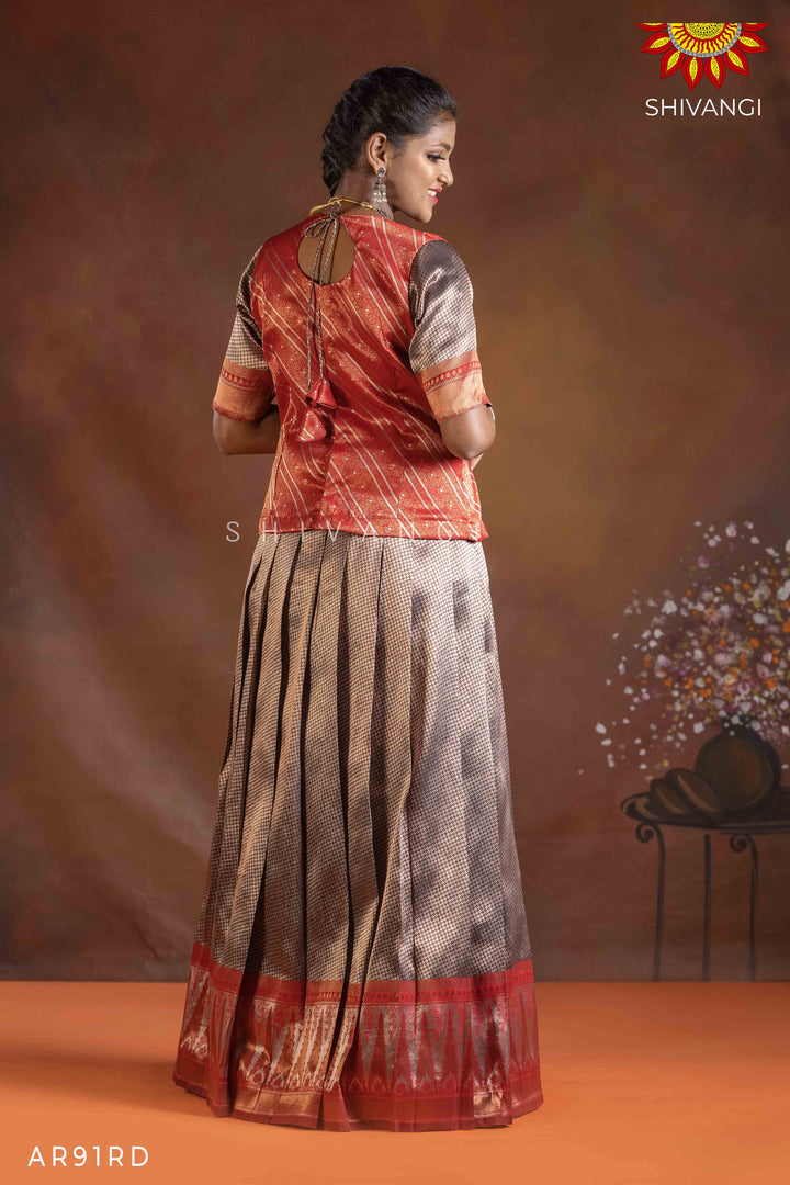 Girls Red Silver Fire Pattu Pavadai | Langa