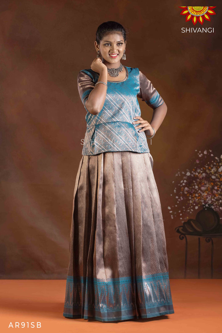 Girls Sky Blue Silver Fire Pattu Pavadai | Langa
