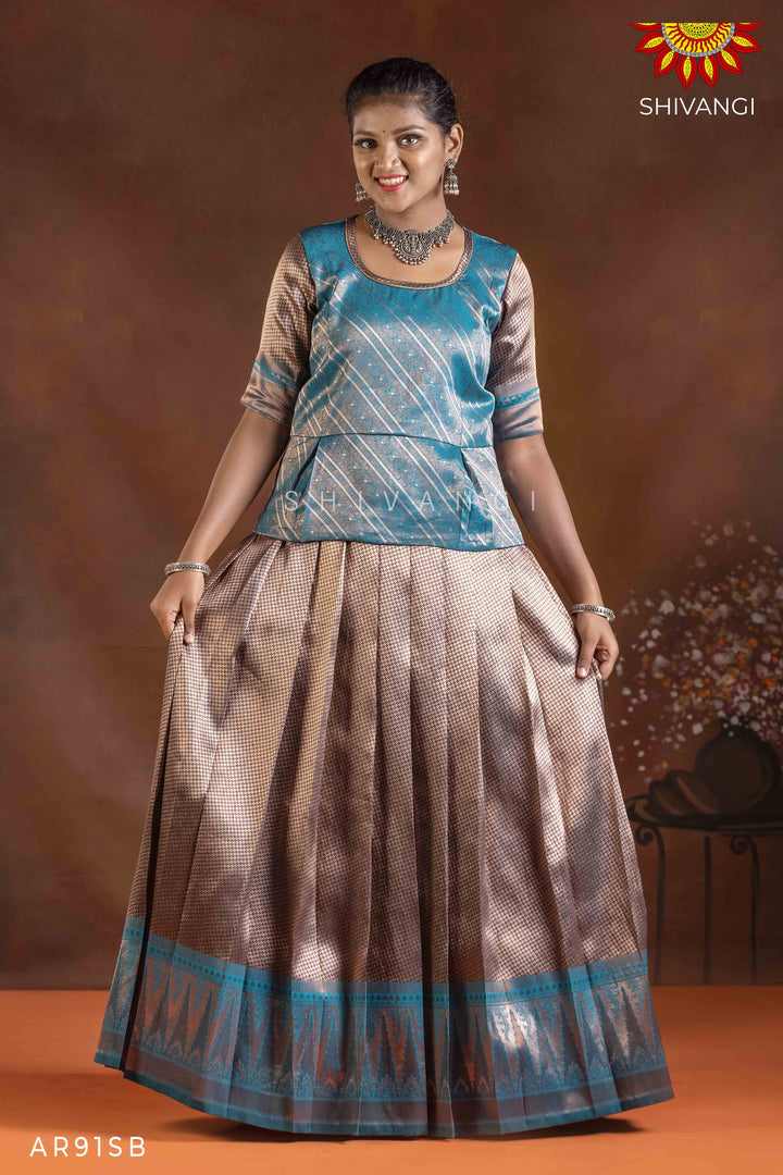 Girls Sky Blue Silver Fire Pattu Pavadai | Langa
